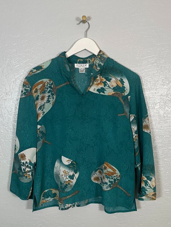 Citron Santa Monica Tops - Citron Santa Monica Women M Teal Silk Blouse Hand Mirror Print Mandarin Collar